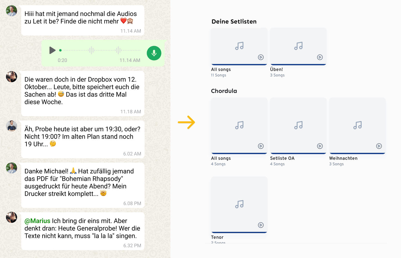 Si può fare anche diversamente. Alcune app per cori semplificano la condivisione dei file e la creazione delle setlist.