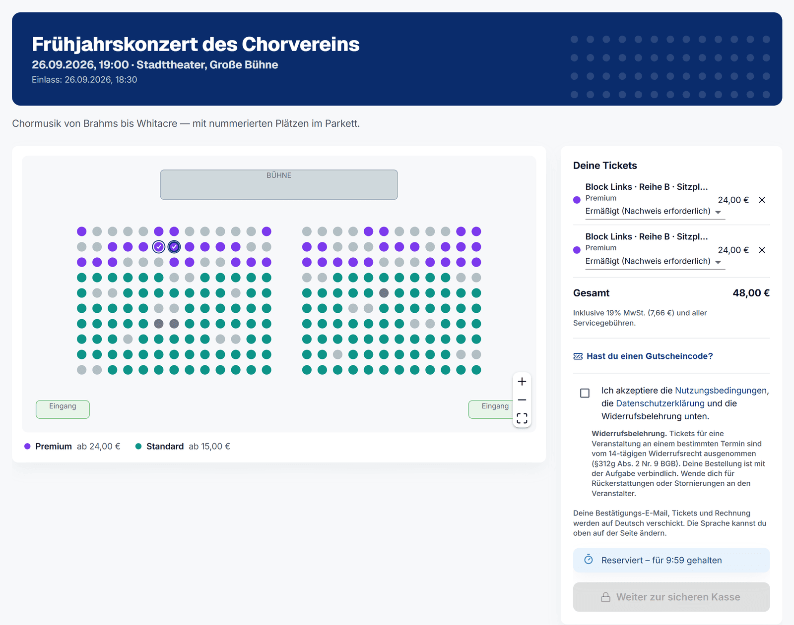 cori Tickets 的购票者视图：价格类别用颜色区分，选中的两个座位打了勾，右侧是购物车，含票种选择和预留倒计时。