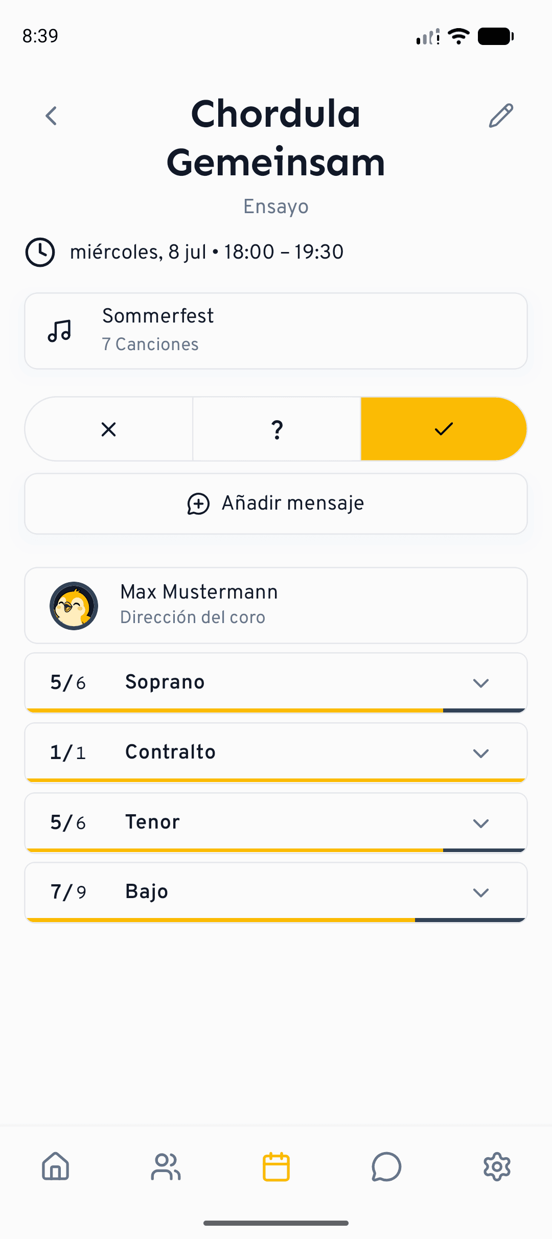 El control de asistencia de tres opciones en un evento: no asistiré, no lo sé y asistiré.