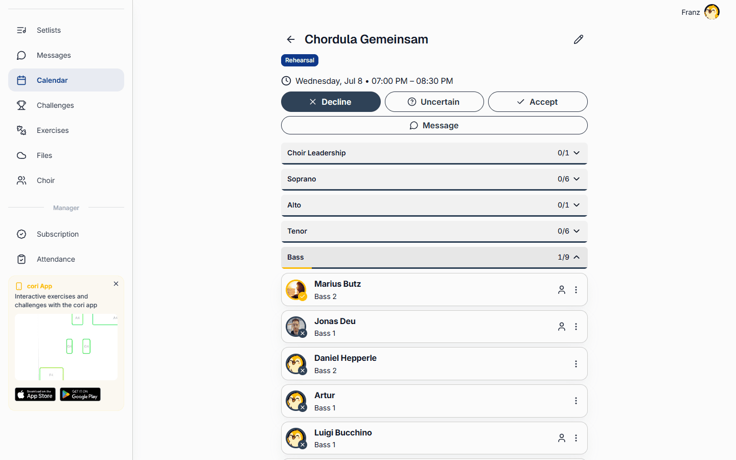 Per-appointment overview: attendance grouped by voice, with confirmed counts and members' messages.