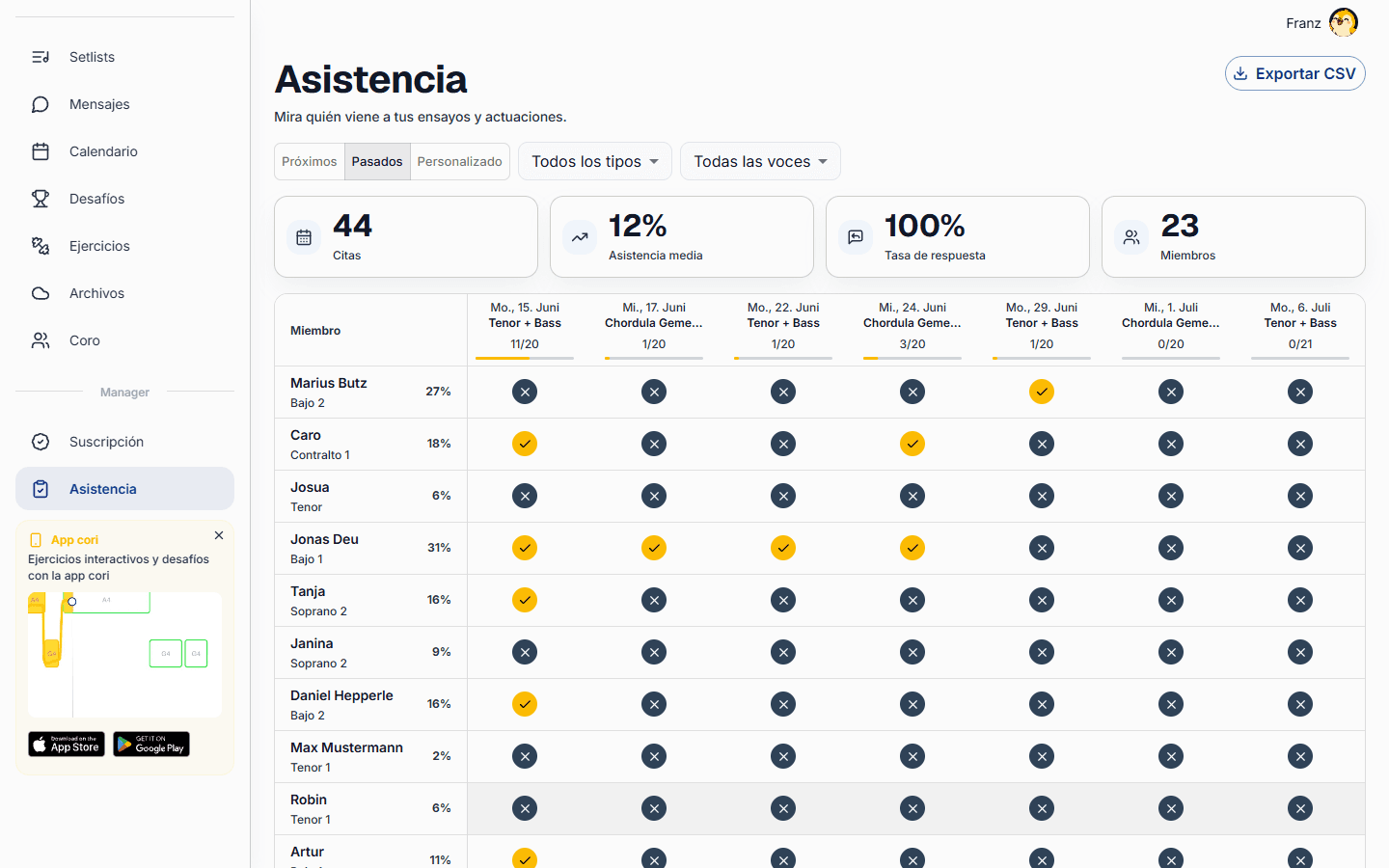 La pantalla de Asistencia con las tarjetas de resumen y la matriz de miembros por evento.