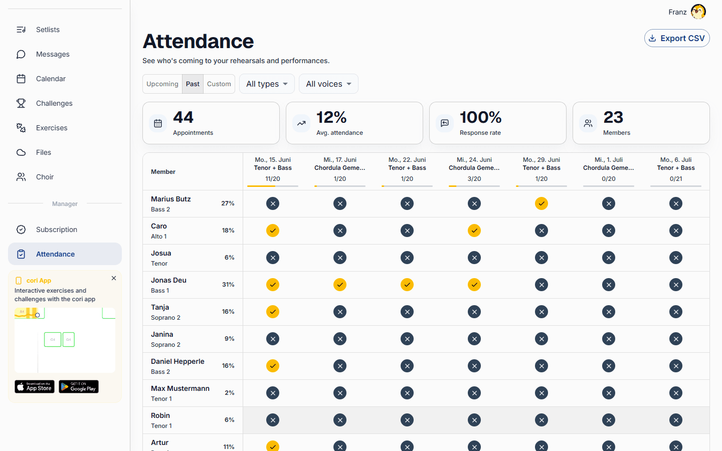 The Attendance screen with summary cards and the member-by-appointment matrix.
