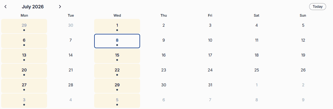 Step through months with the arrows, or jump back with the Today chip. Dots mark days that have appointments.