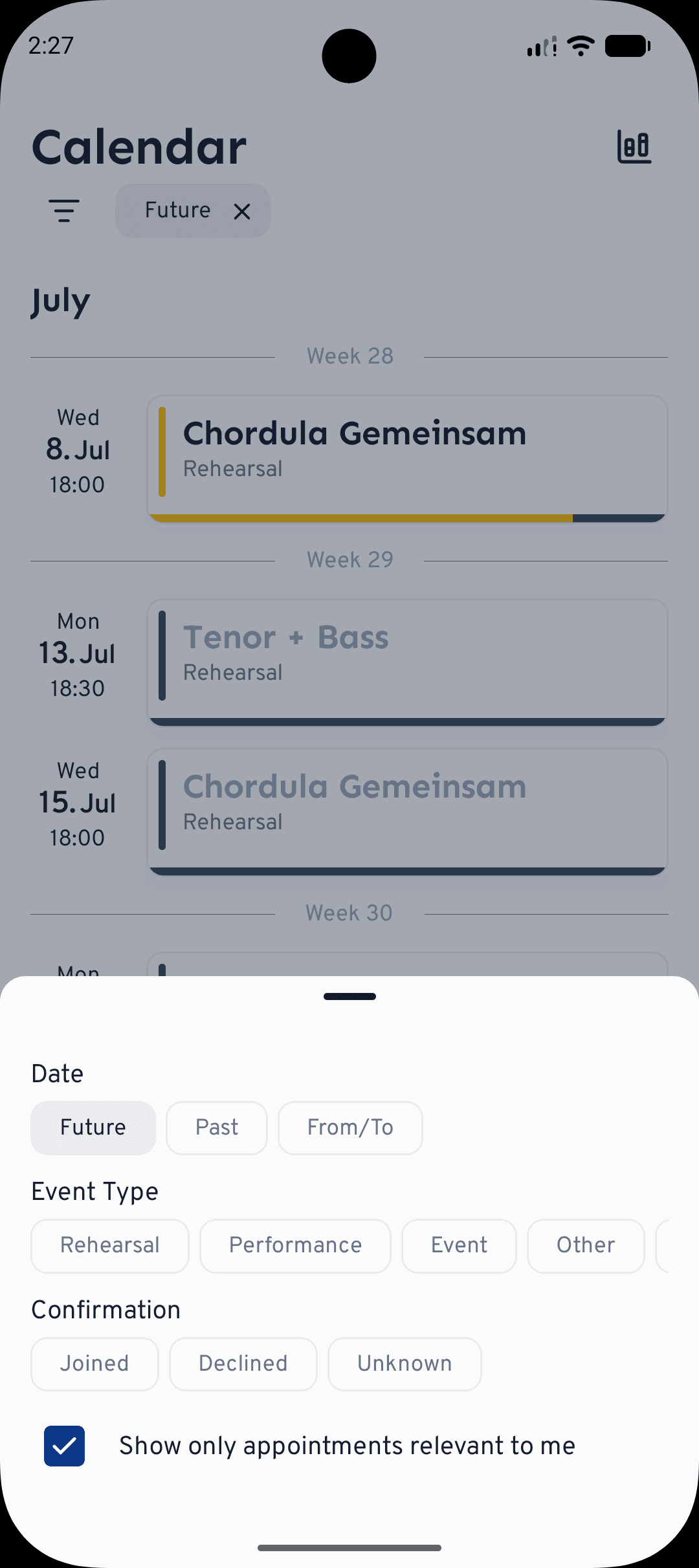 On mobile, tap the filter icon to set date, event type, confirmation and choir filters in one panel.