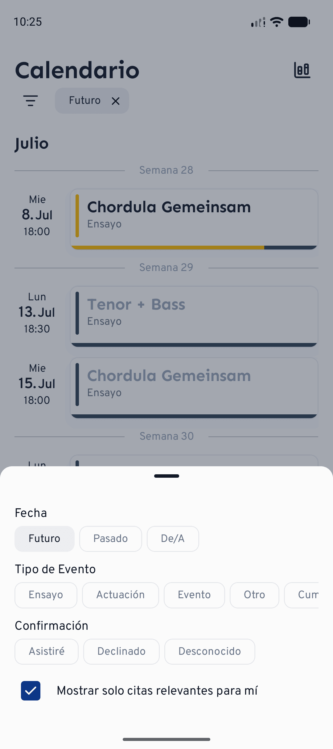 En el móvil, toca el icono de filtro para configurar los filtros de fecha, tipo de evento, confirmación y coro en un único panel.
