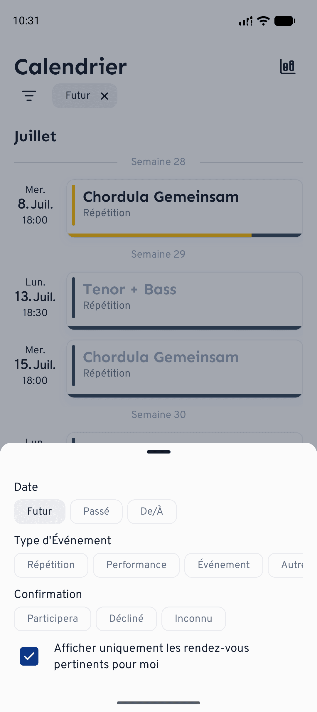 Sur mobile, touchez l'icône de filtre pour définir les filtres de date, de type d'événement, de confirmation et de chorale dans un seul panneau.
