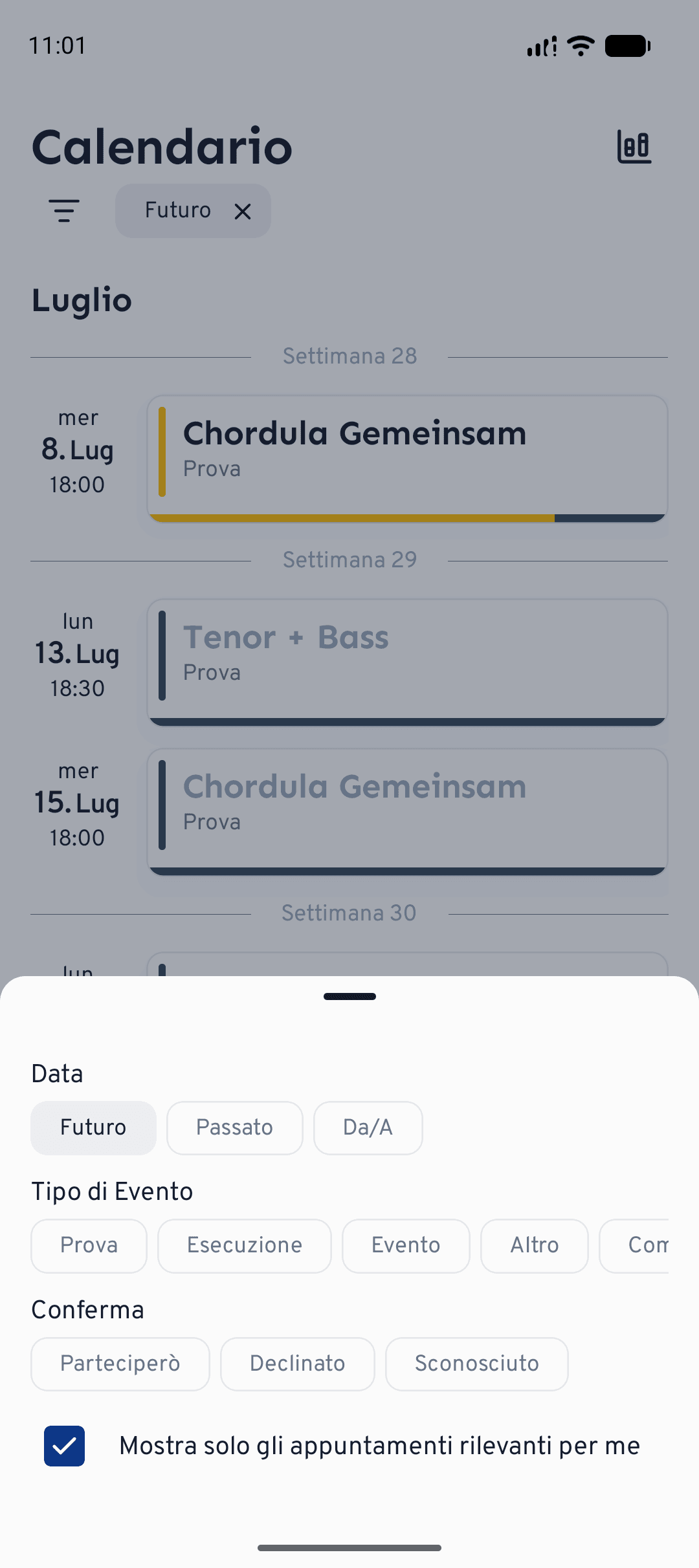 Su mobile, tocca l'icona del filtro per impostare i filtri di data, tipo di evento, conferma e coro in un unico pannello.