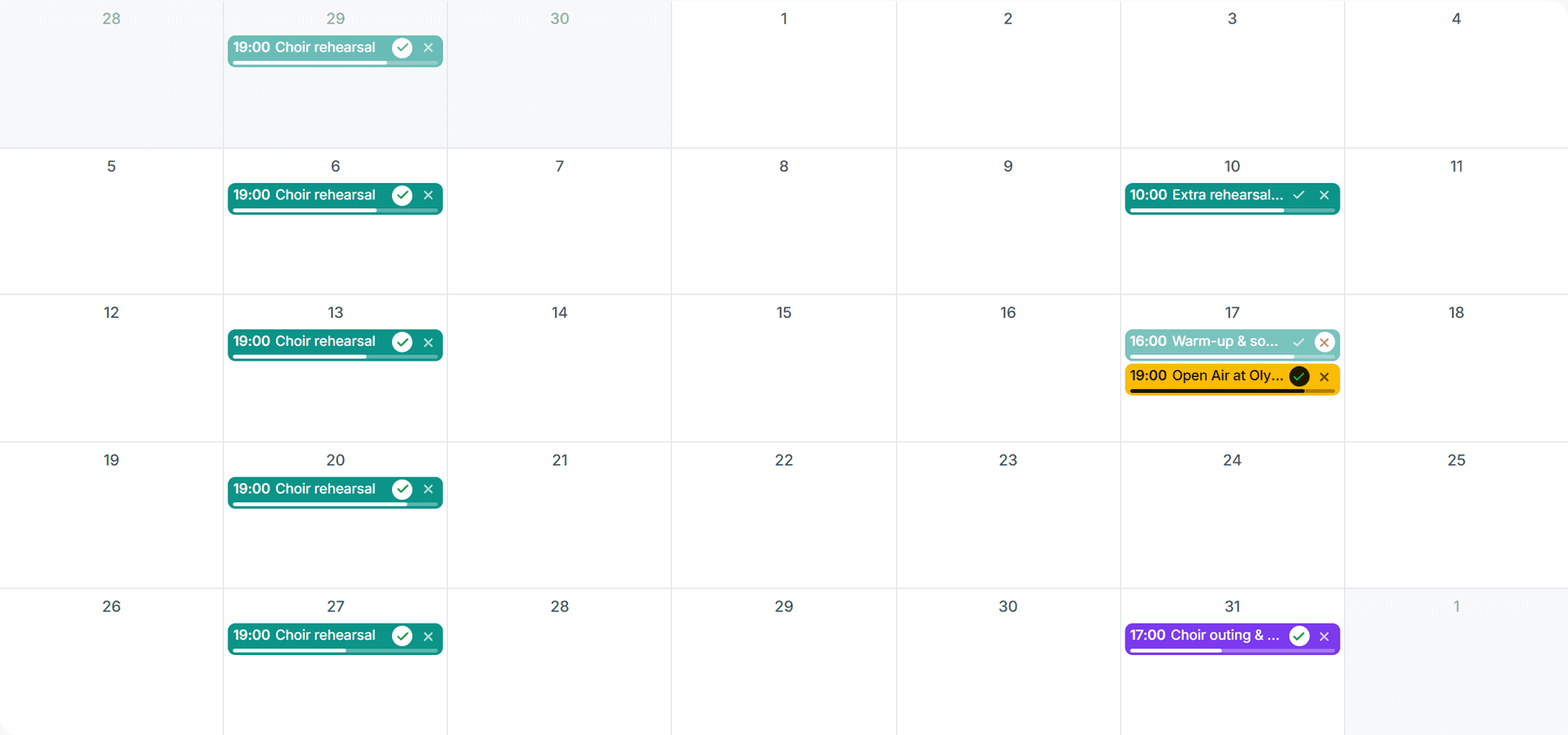 Appointment types: rehearsal, performance, event, other
