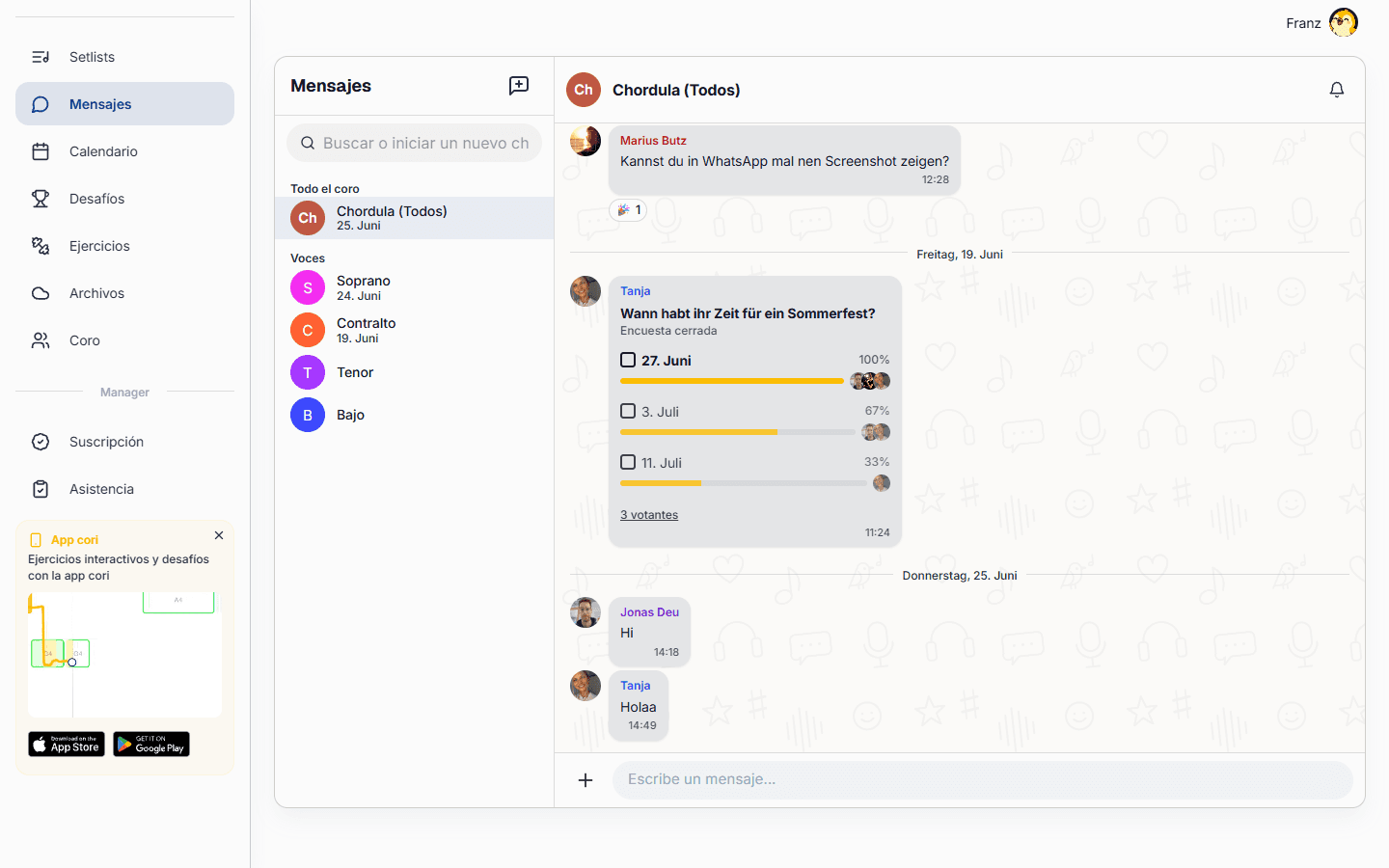 El área de Mensajes: las conversaciones a la izquierda, el chat abierto a la derecha.