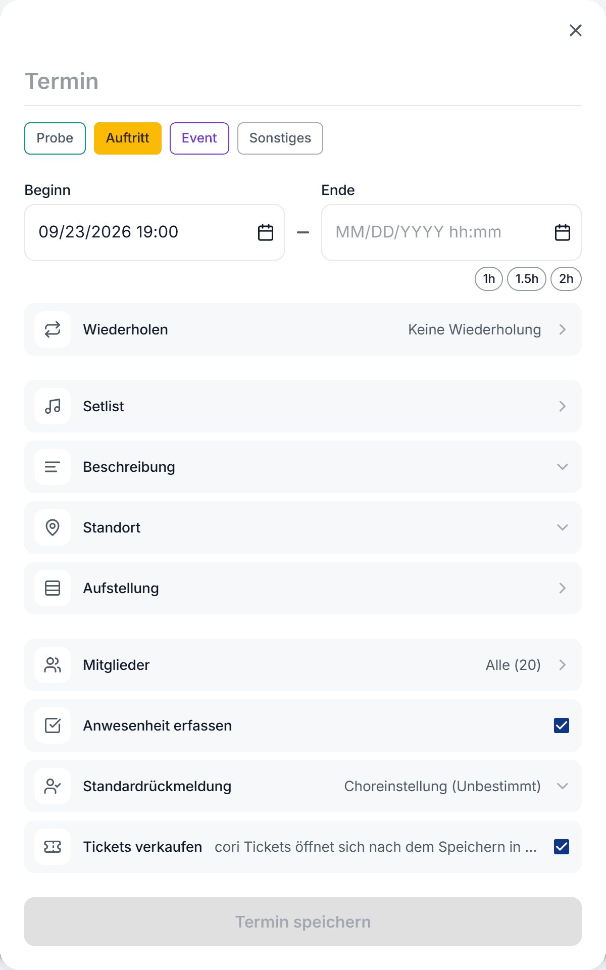 Bei einem neuen Auftritt oder Event zeigt das Formular die Zeile „Tickets verkaufen“; nach dem Speichern öffnet sich der Ticketshop.
