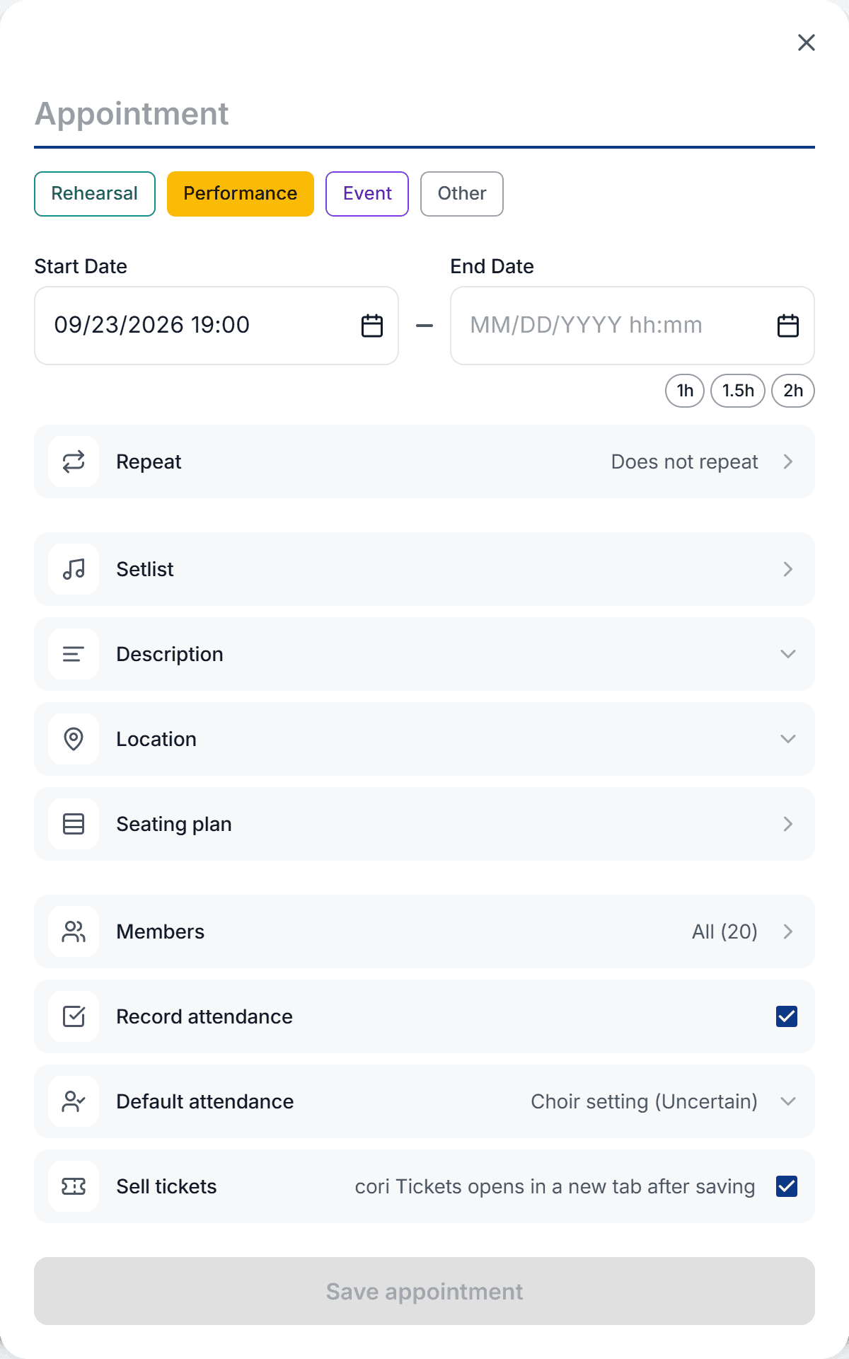 For a new performance or event the form shows the “Sell tickets” row; after saving, the ticket shop opens.