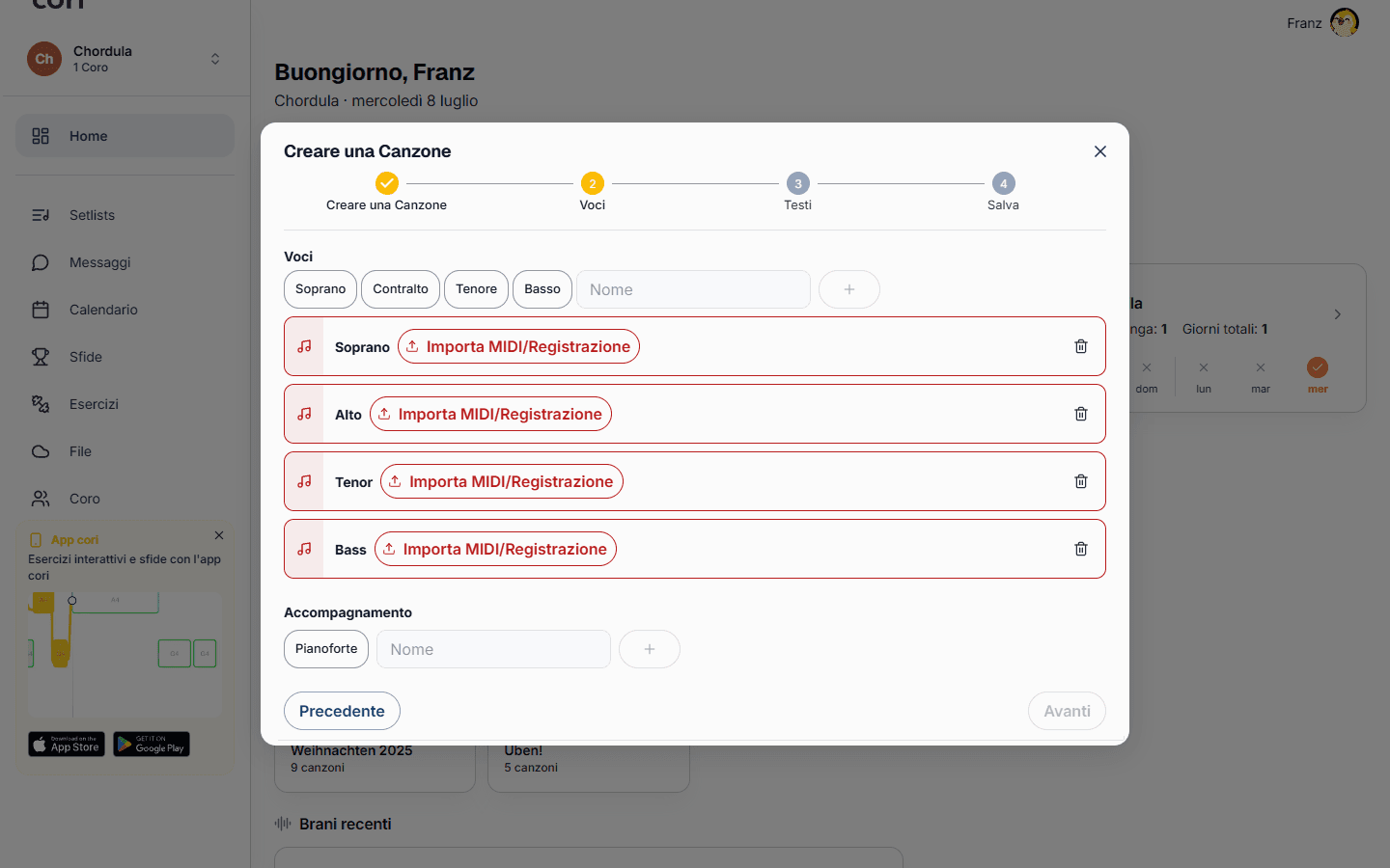 Passaggio 2: una scheda per ogni voce, ciascuna con la propria registrazione caricata.