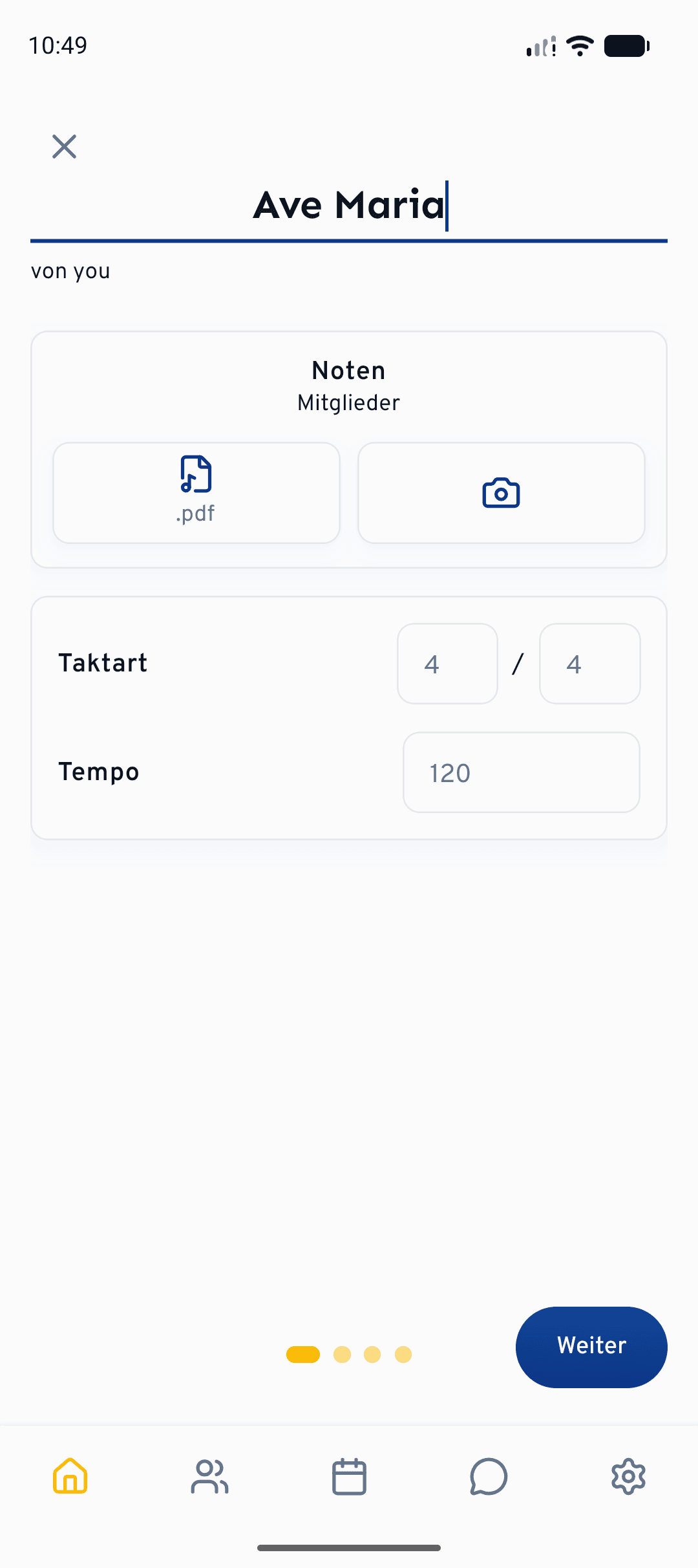 Der gleiche erste Schritt auf dem Smartphone: Song benennen, Tempo, Taktart und Noten festlegen.