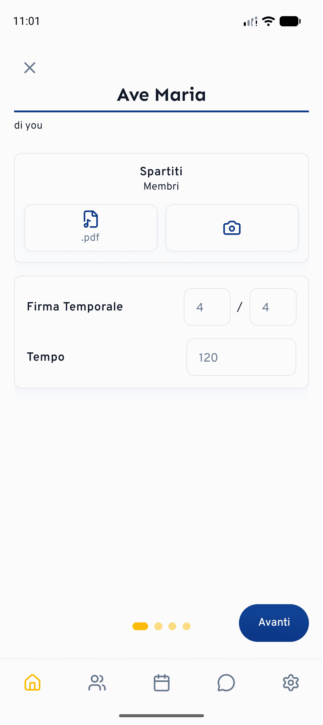 Lo stesso primo passaggio su mobile: dai un nome al brano e imposta tempo, metro e spartiti.