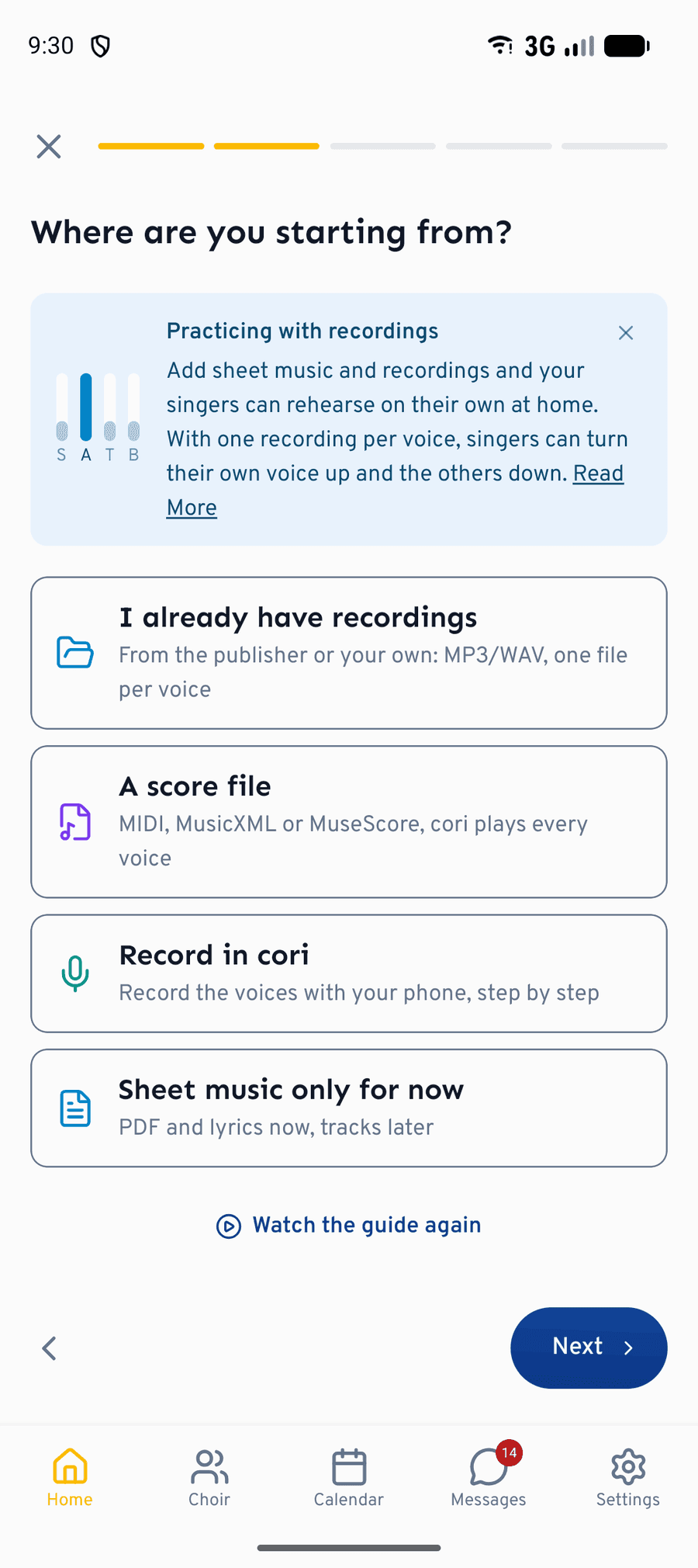 The same question in the app, with “Record in cori” as the third starting point.