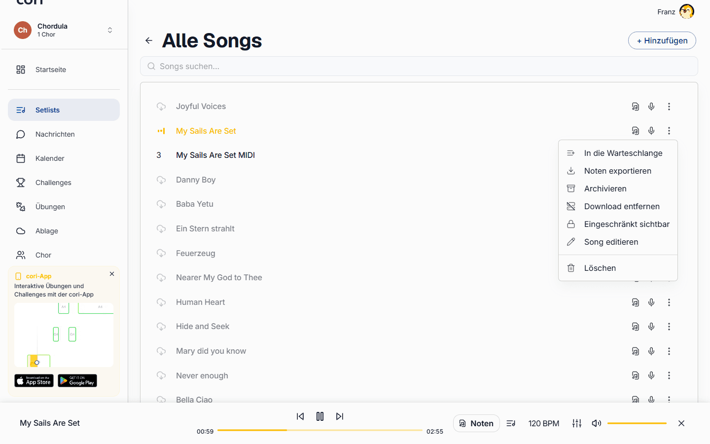Die Option „Noten exportieren“ im ⋮-Menü eines Songs lädt das PDF sofort herunter.