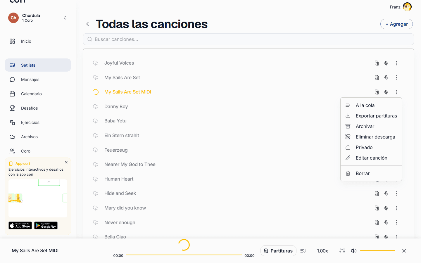 La opción «Exportar partituras» del menú ⋮ de una canción descarga el PDF al instante.