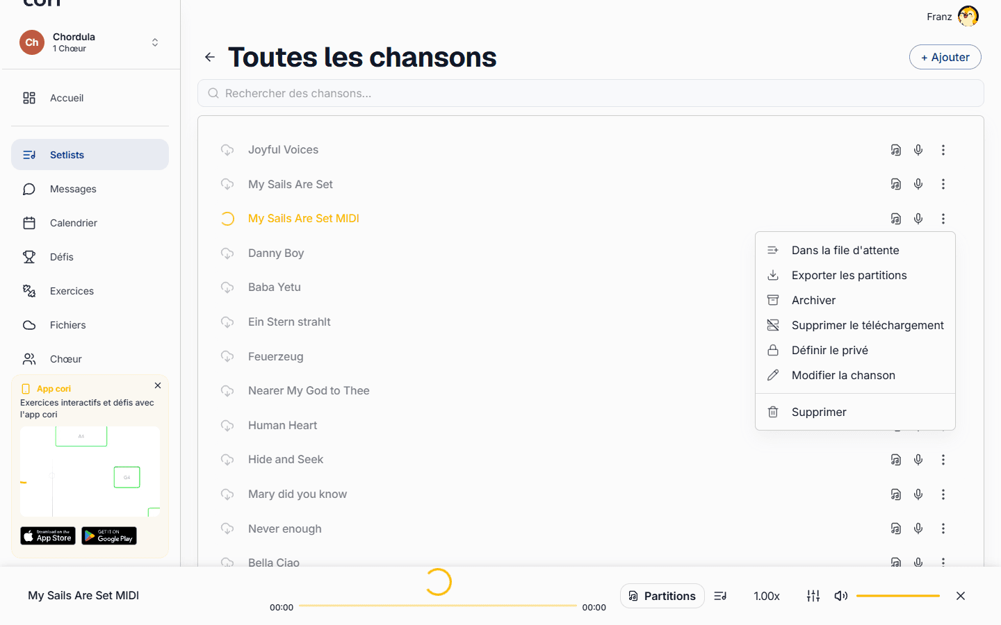 L'option « Exporter les partitions » dans le menu ⋮ d'une chanson télécharge le PDF instantanément.