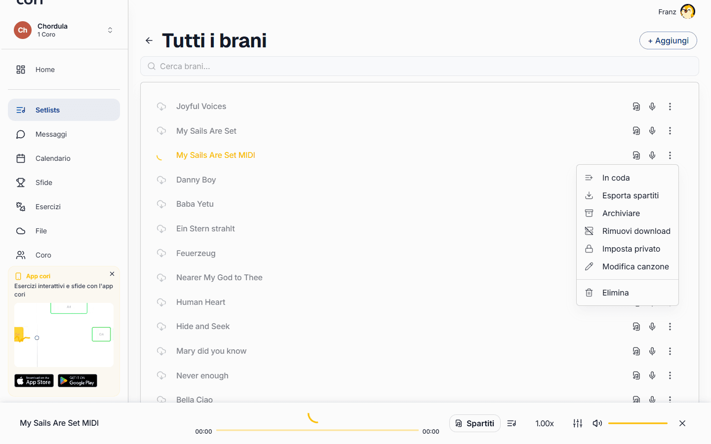 L'opzione «Esporta spartiti» nel menu ⋮ di un brano scarica il PDF all'istante.