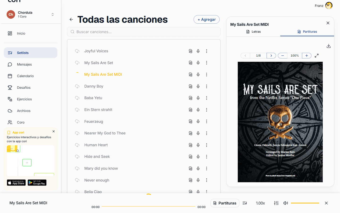 La pestaña «Partituras» con el botón Descargar para la partitura que se muestra en ese momento.