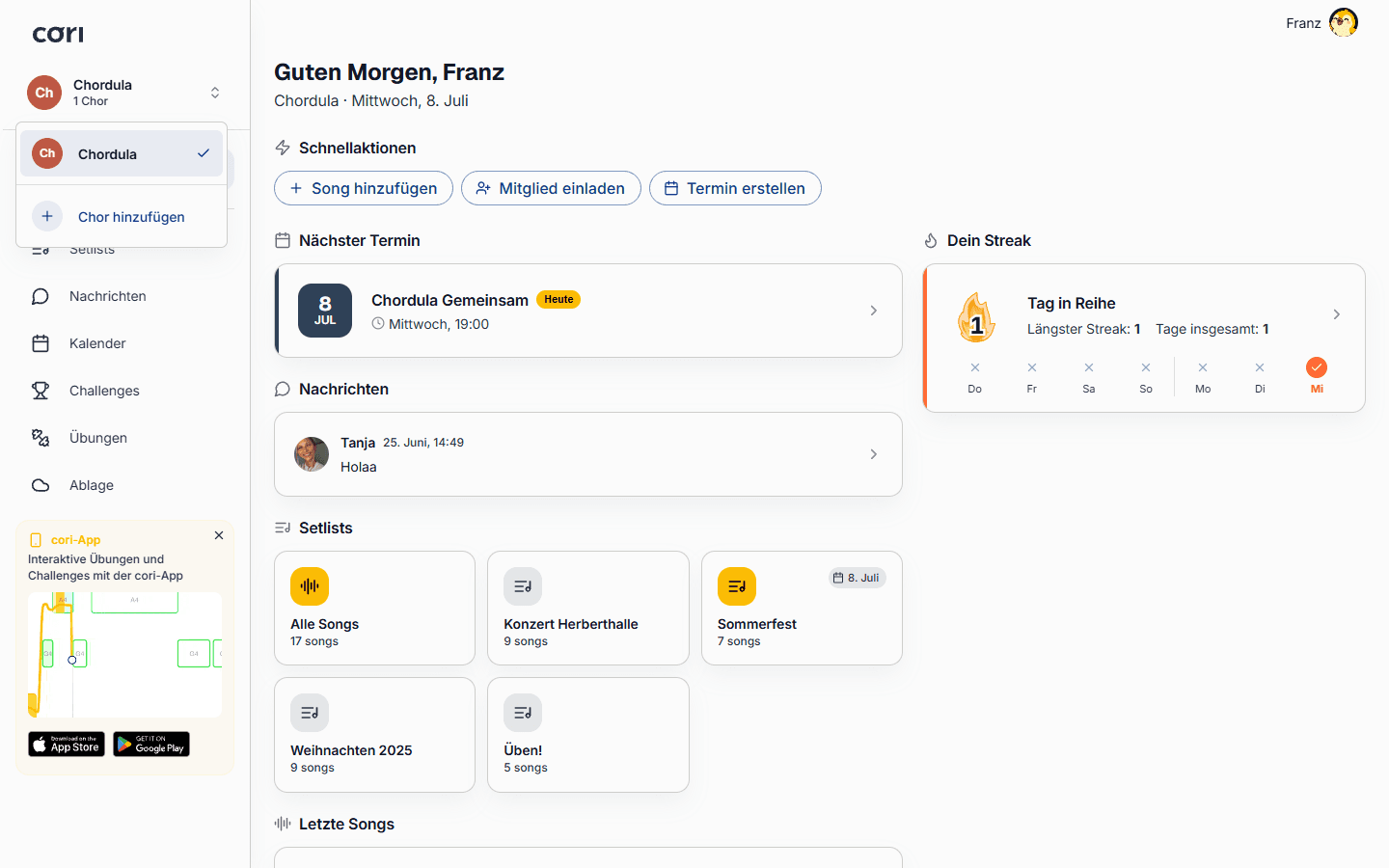 Erstelle einen neuen Chor oder tritt einem bestehenden direkt im Dashboard bei.
