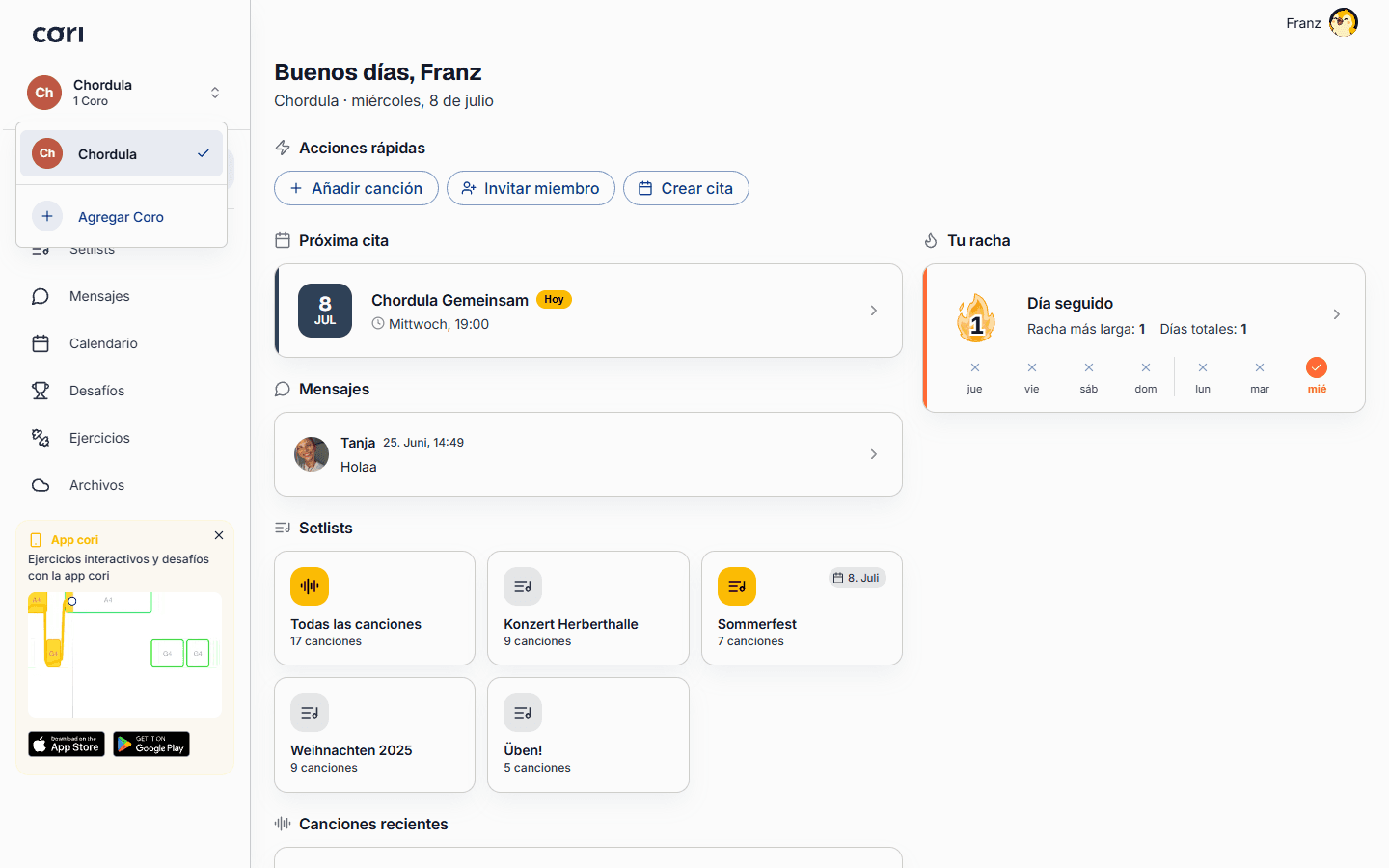 Crea un coro nuevo o únete a uno existente directamente desde el Dashboard.