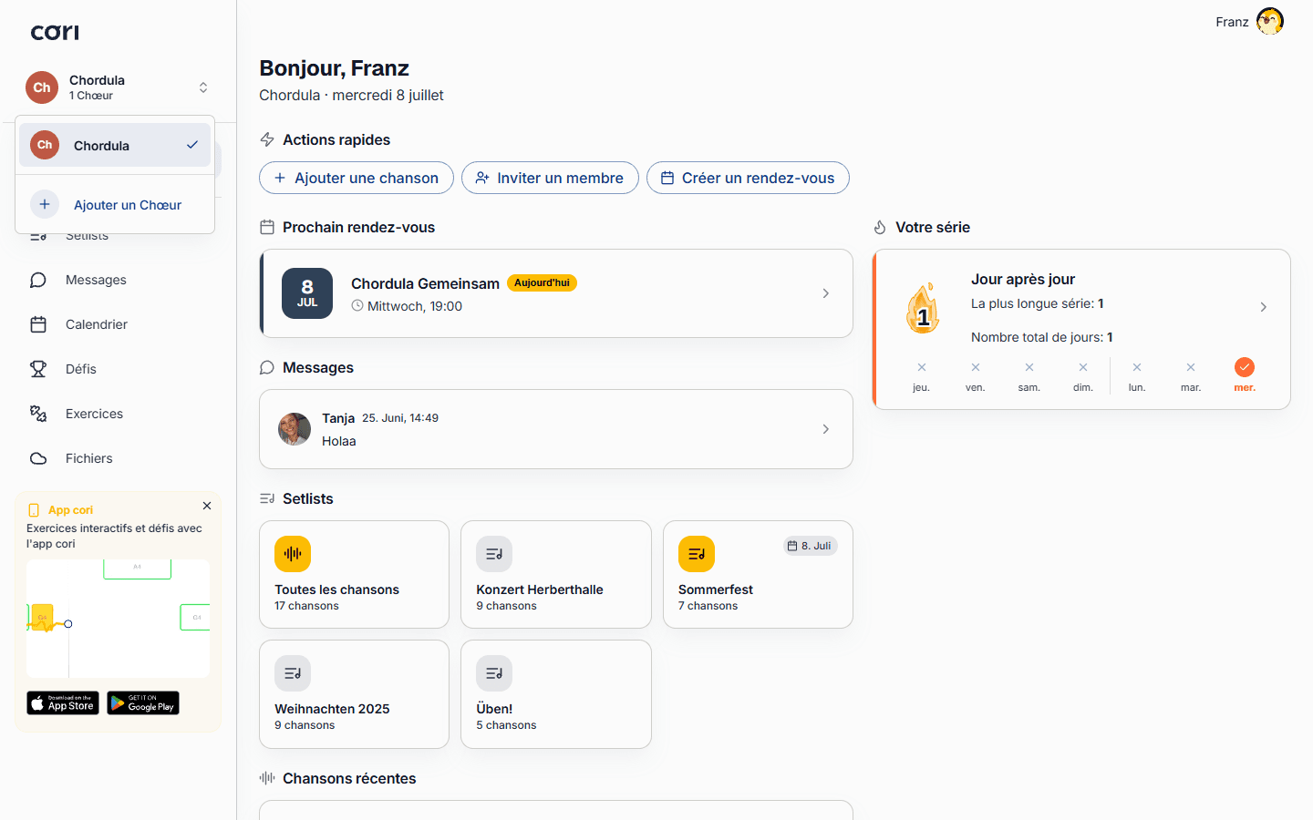 Crée un nouveau chœur ou rejoins-en un existant directement depuis le dashboard.