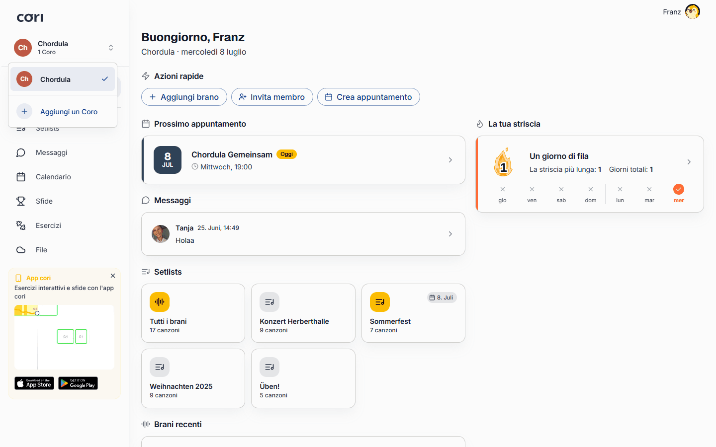 Crea un nuovo coro o unisciti a uno esistente dalla Dashboard.