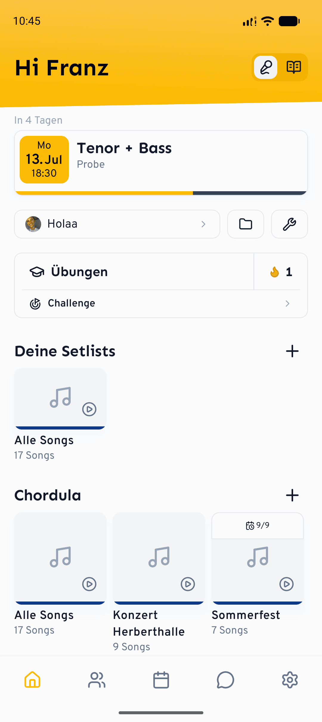 Der mobile Startbildschirm: die naechste Probe, Uebungen und Setlists auf einen Blick.