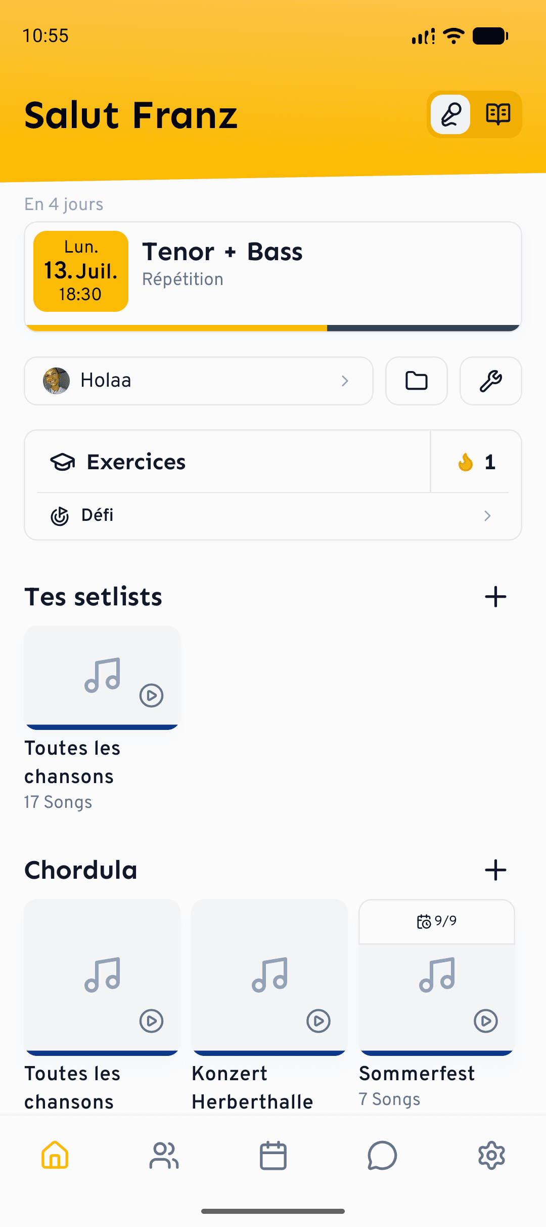 L'écran d'accueil mobile : la prochaine répétition, les exercices et les setlists en un coup d'œil.