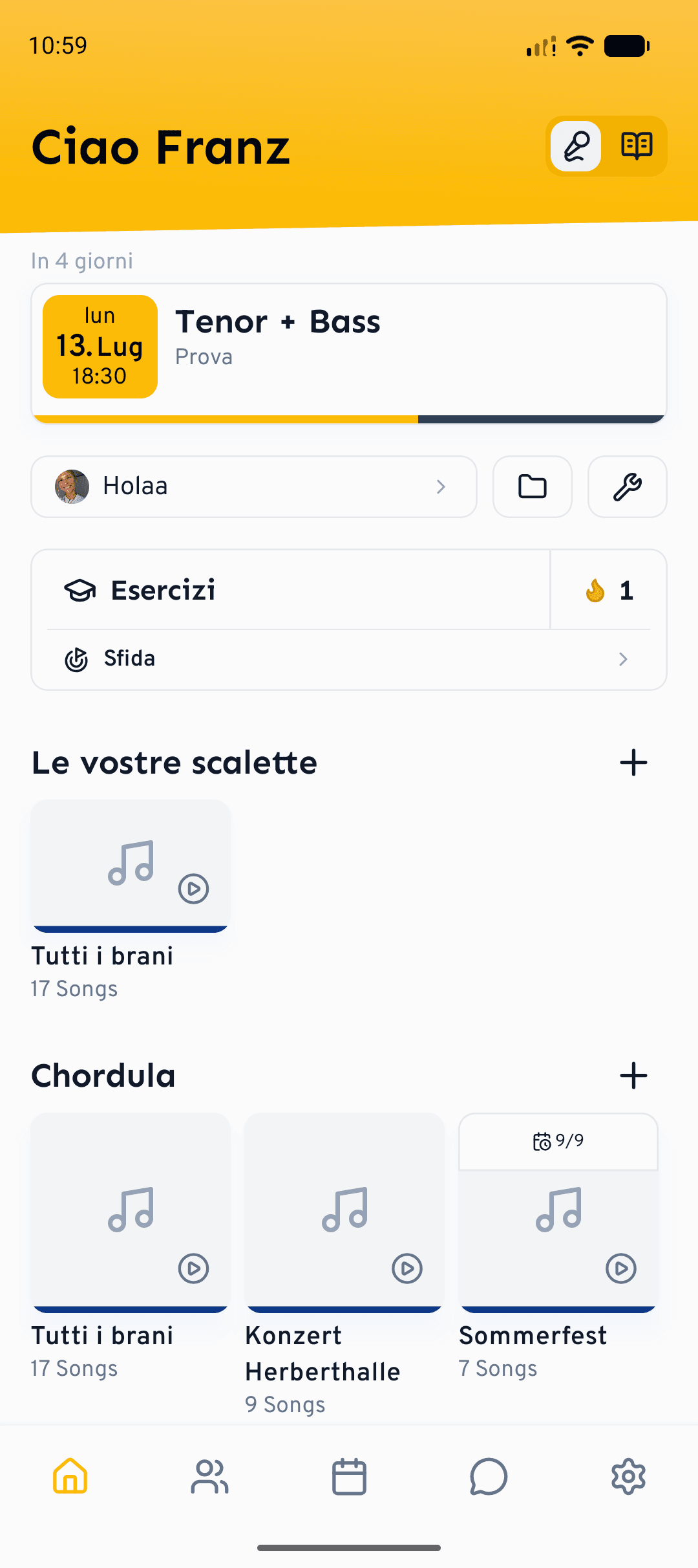 La schermata iniziale su mobile: la prossima prova, gli esercizi e le scalette a colpo d'occhio.