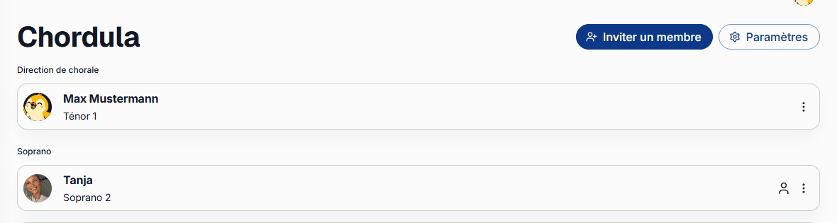 Le bouton « Inviter un membre » sur l'écran du chœur, visible par la direction du chœur et les admins.