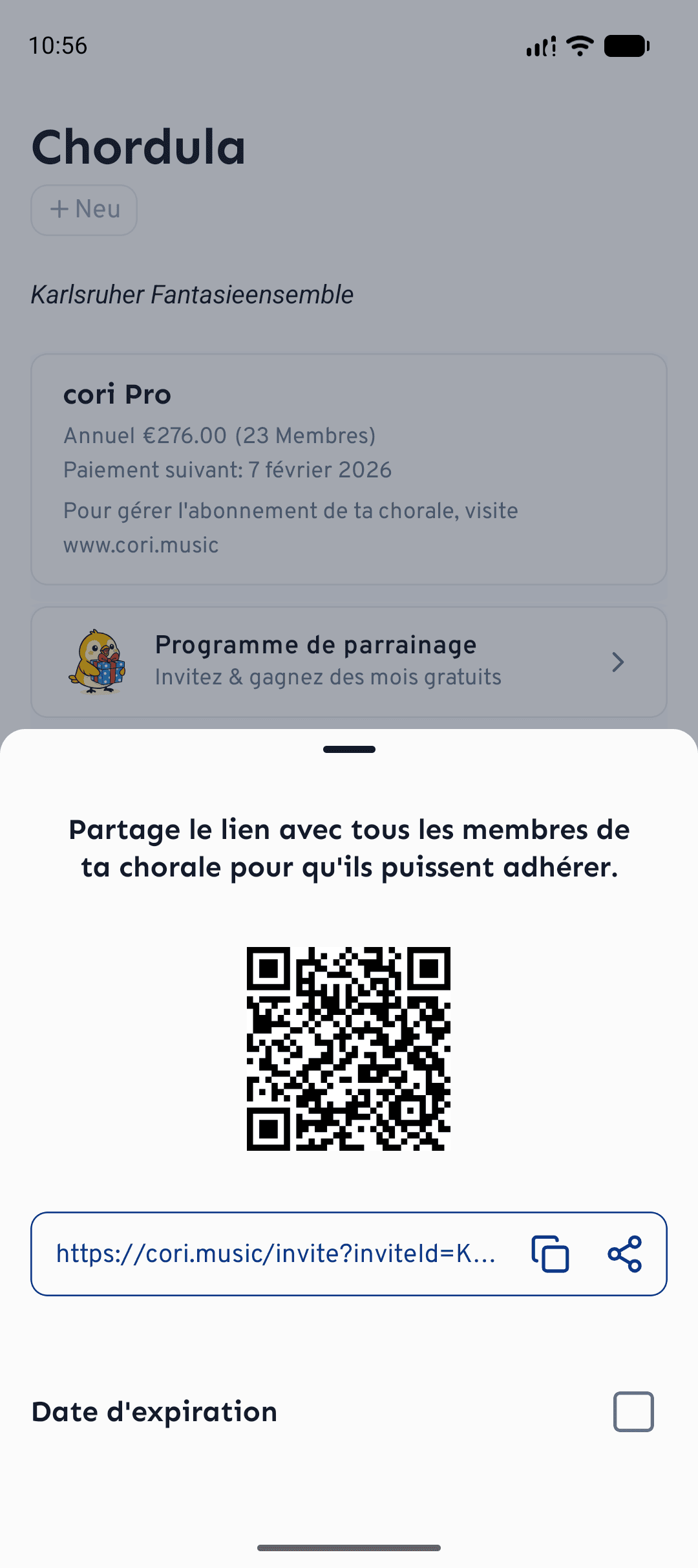 Sur smartphone : QR code et lien d'invitation, avec date d'expiration facultative.