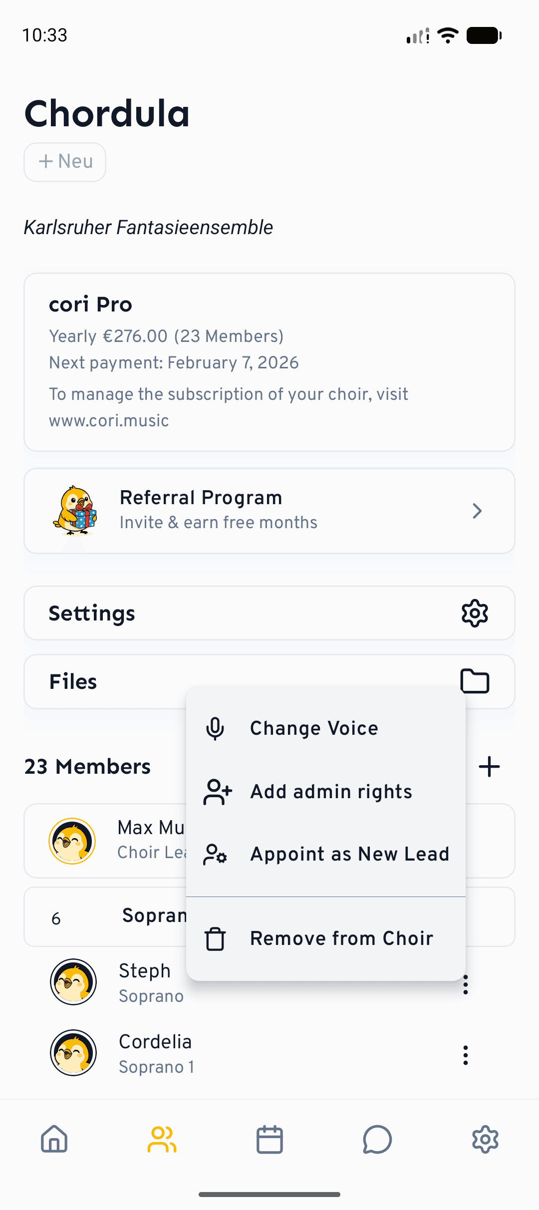 The same member menu on your phone, opened from the Choir tab.
