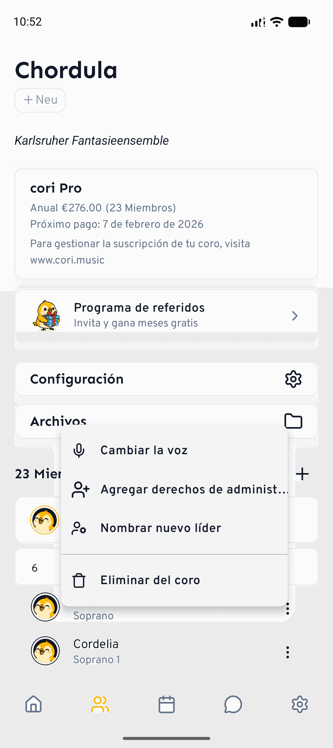 El mismo menu de miembros en el movil, abierto desde la pestana Coro.