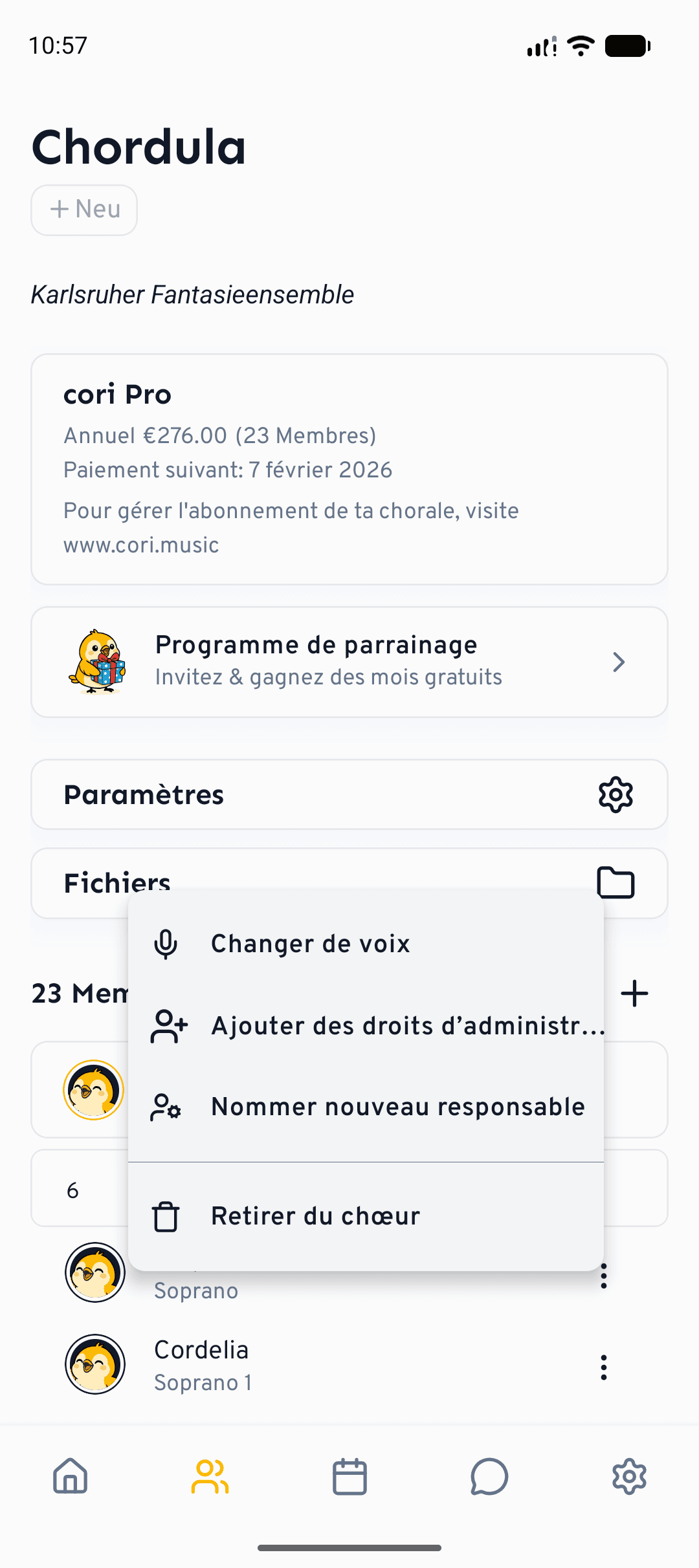 Le même menu de membre sur smartphone, ouvert depuis l'onglet Chœur.