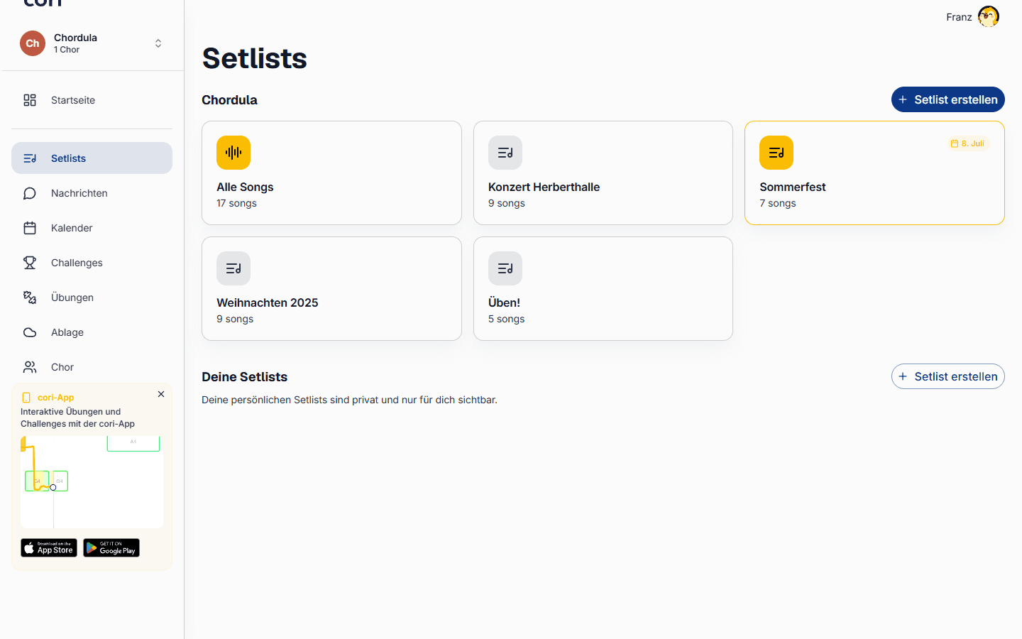 Die Setlists-Seite: Alle Songs, die geteilten Setlists deines Chors und deine persönlichen Setlists.