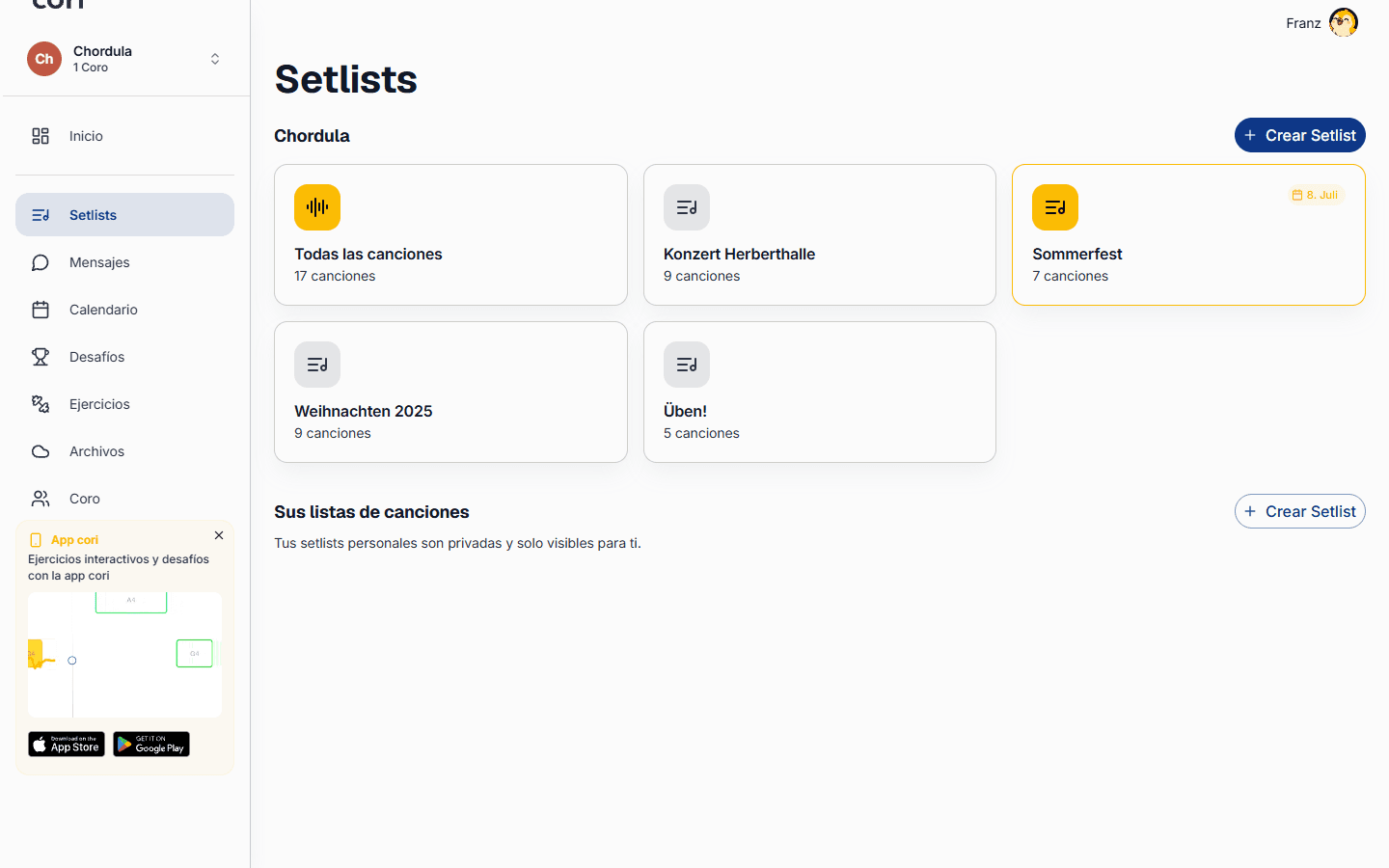 La página de Setlists: Todas las canciones, las setlists compartidas de tu coro y tus setlists personales.