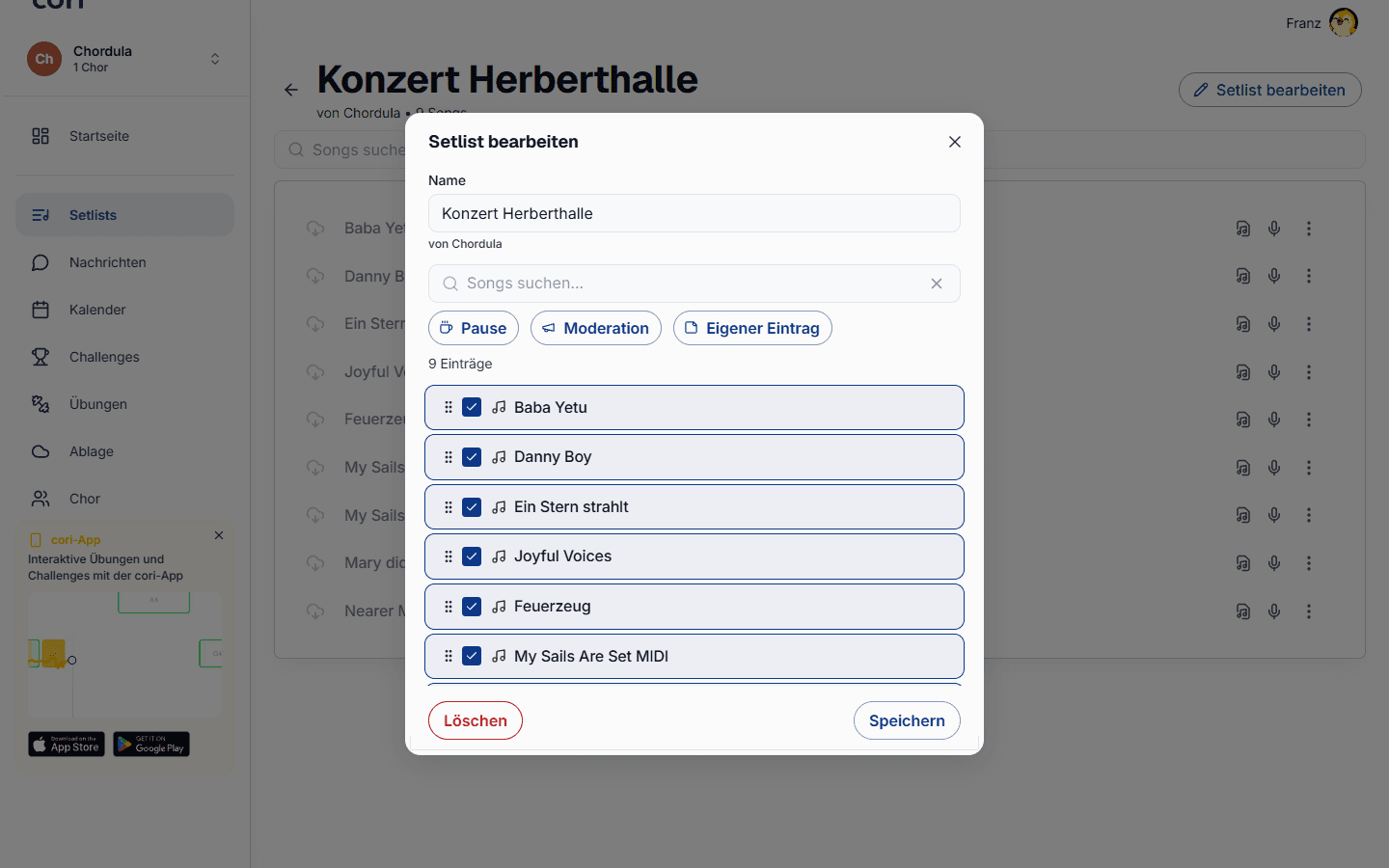Zieh am Griff, um neu zu sortieren; klicke auf einen Song, um ihn zu entfernen.