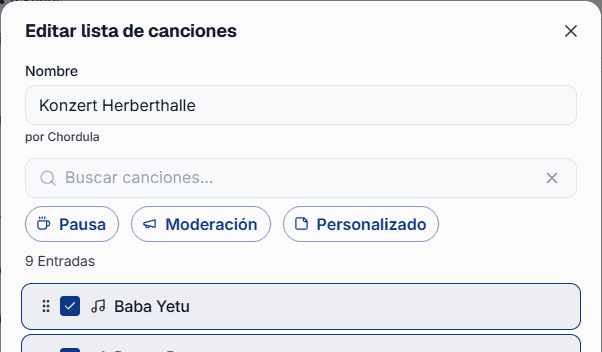 Los bloques Pausa, Moderación y Personalizado conviven con las canciones y las canciones archivadas.