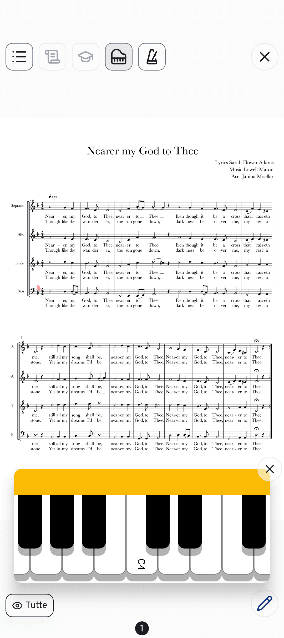 Il pianoforte sovrapposto si trova sopra lo spartito, così puoi decifrare le note mentre leggi.