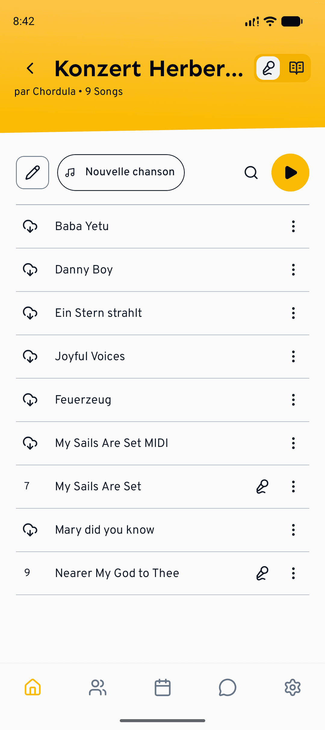 Ouvrez une setlist et choisissez un chant pour lancer le lecteur.