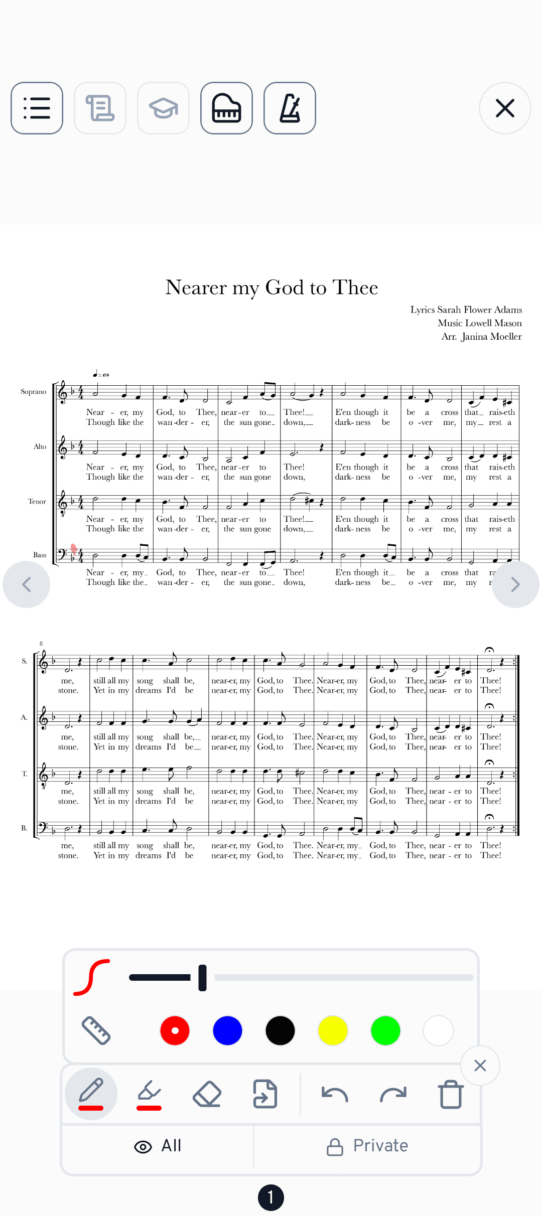 The drawing toolbar over a song's sheet music: pen, highlighter, eraser and link tool.