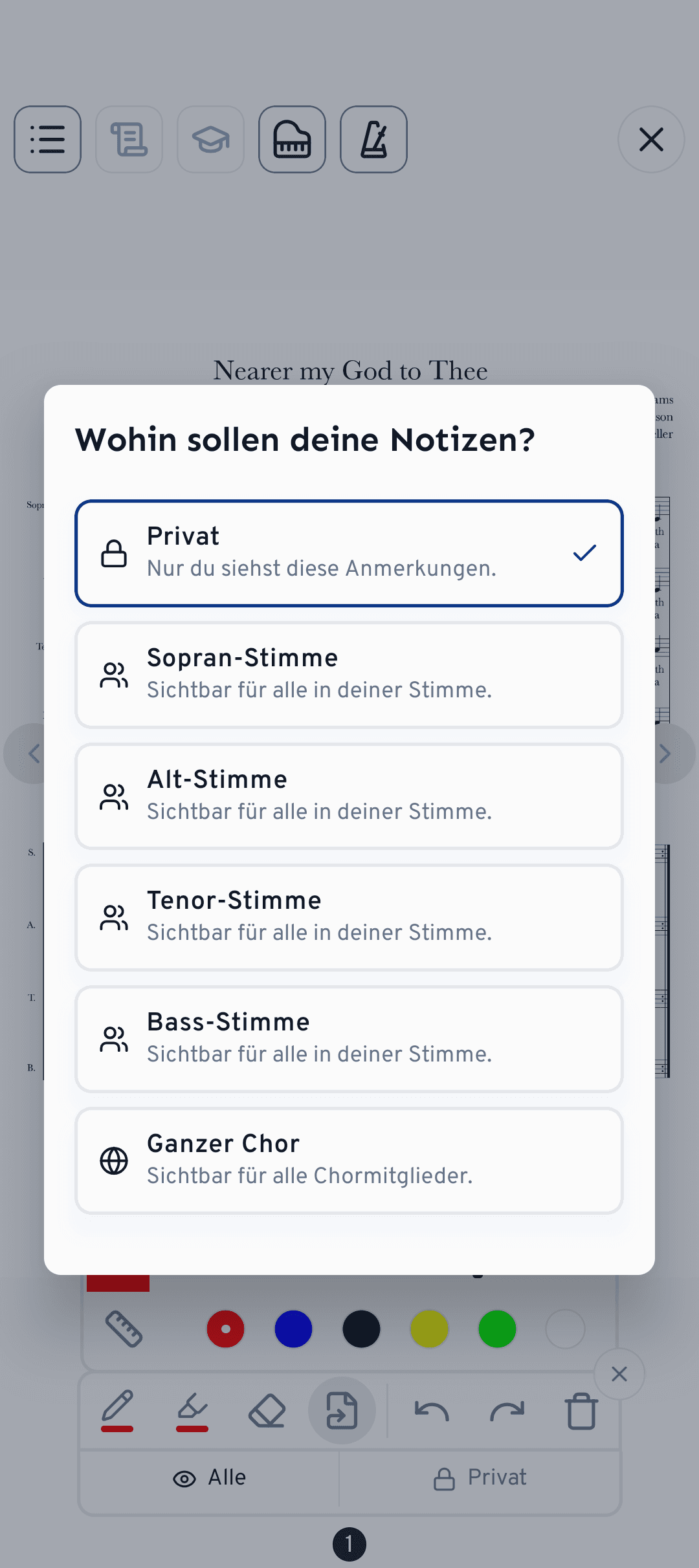 Wähle, ob eine Notiz privat bleibt oder mit deiner Stimme oder dem ganzen Chor geteilt wird.