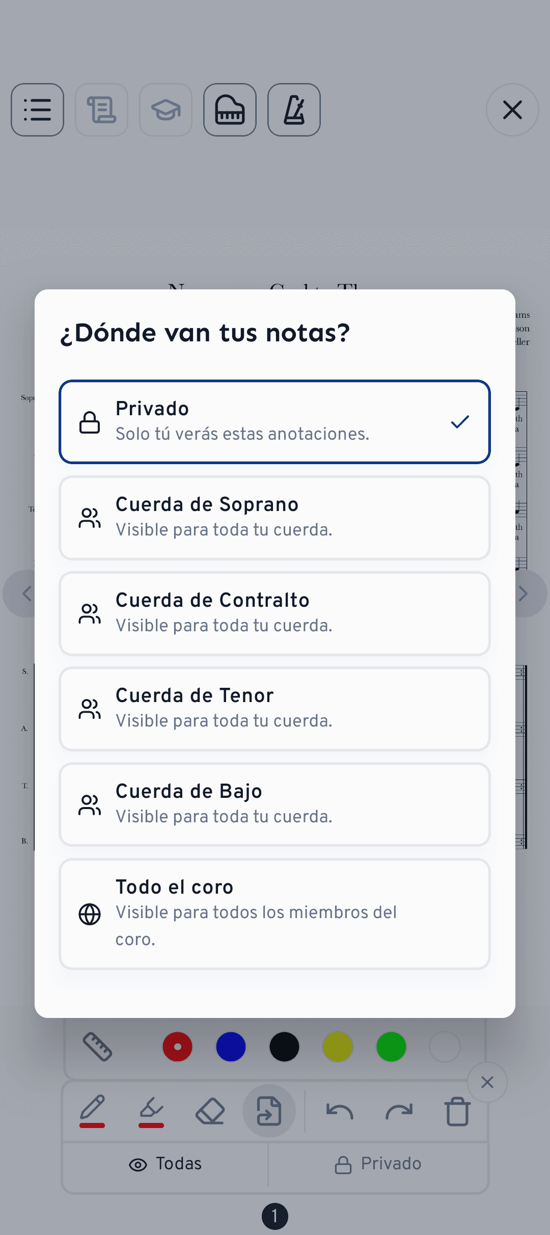 Elige si una nota se queda en privado o se comparte con tu cuerda o con todo el coro.