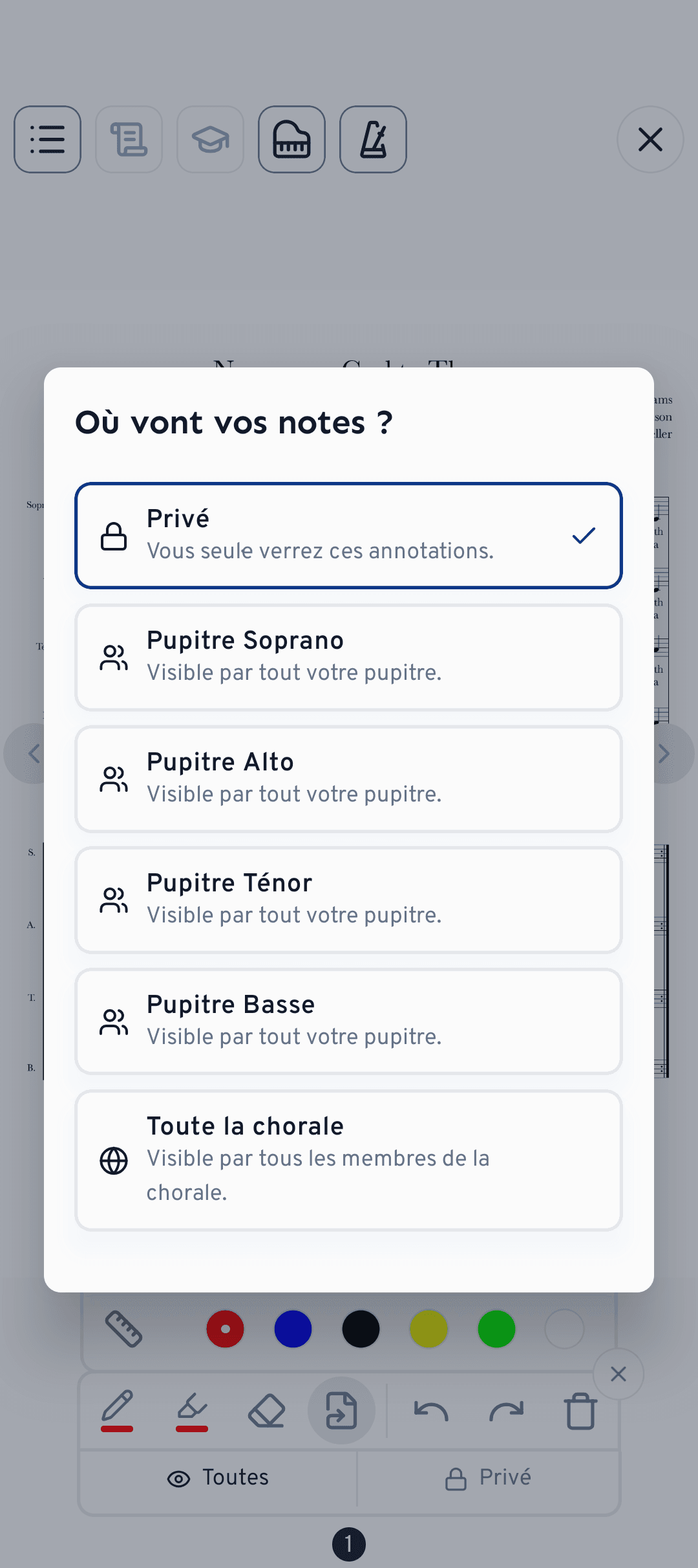 Choisis si une note reste privée ou si elle est partagée avec ton pupitre ou tout le chœur.