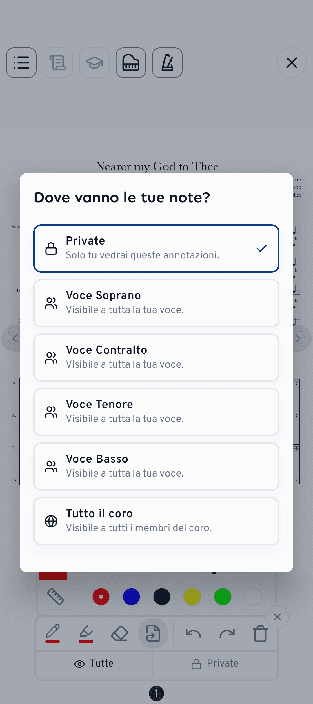 Scegli se una nota resta privata o viene condivisa con la tua voce o con tutto il coro.