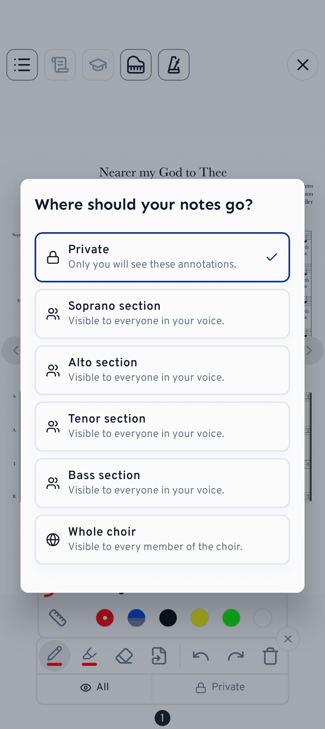 Choose whether a note stays private or is shared with your voice or the whole choir.