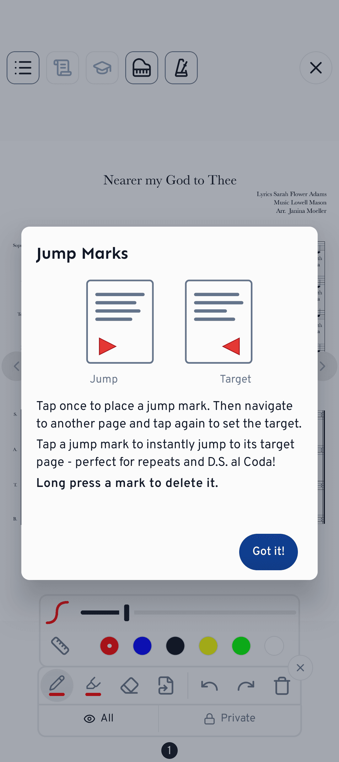 A Jump Mark links one point in the score to a target page, so a tap takes you there instantly.