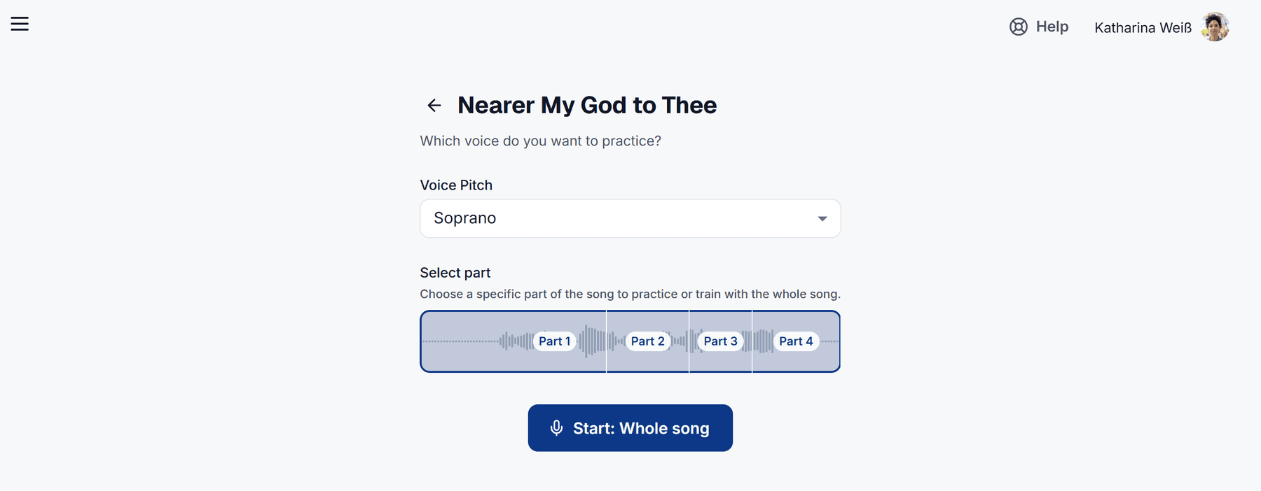 In the browser: pick your voice, mark a part of the song if you like, and click Start.
